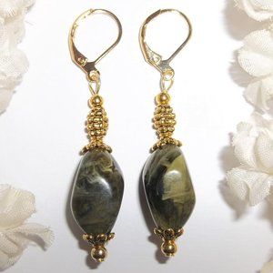 Dark Green & Gold Beaded Dangle Earrings Set Unique Funky Jewelry Accessory 7092